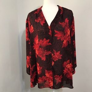 Sami & Jo Semi Sheer Black Red Floral Top 3X